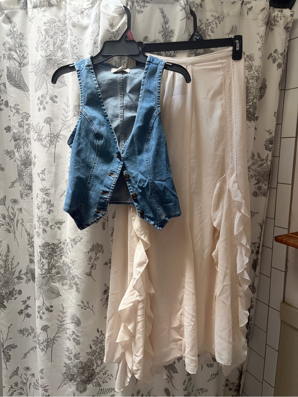 Denim Button Front Vest with Cream Ruffle Maxi Skirt